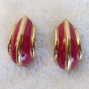 St. John Magenta Enamel and Goldtone Clip-on Earrings Vintage 1980s